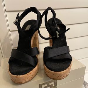 Prada black satin strap platform sandal-cork wedge heel  size 35 1/2